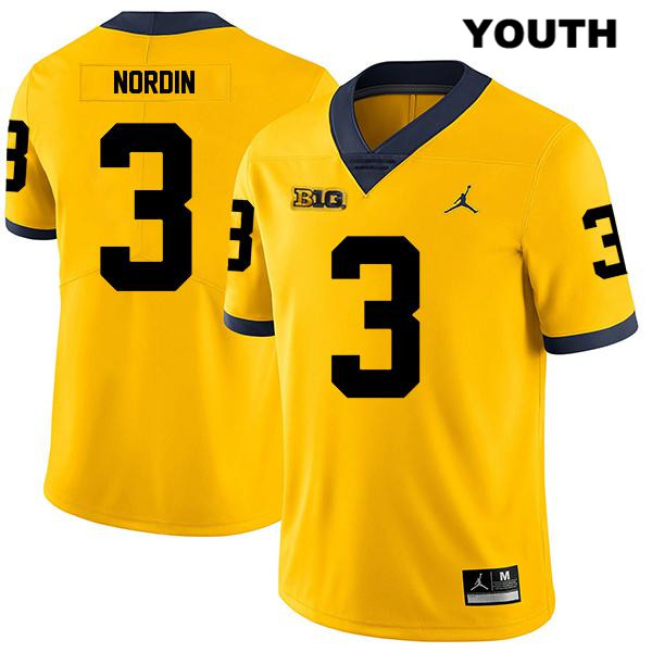 Youth NCAA Michigan Wolverines Quinn Nordin #3 Yellow Jordan Brand Authentic Stitched Legend Football College Jersey TP25A50YJ